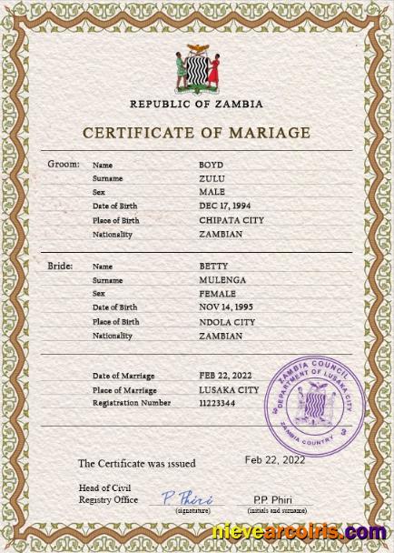 Zambia marriage certificate